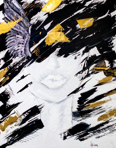 “Perdu dans ses pensées” – Œuvre originale Art.Ing | Introspection, lumière & éclats d’or