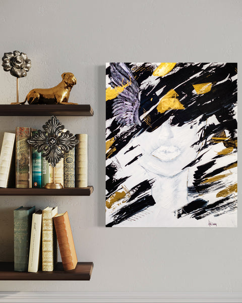 “Perdu dans ses pensées” – Œuvre originale Art.Ing | Introspection, lumière & éclats d’or